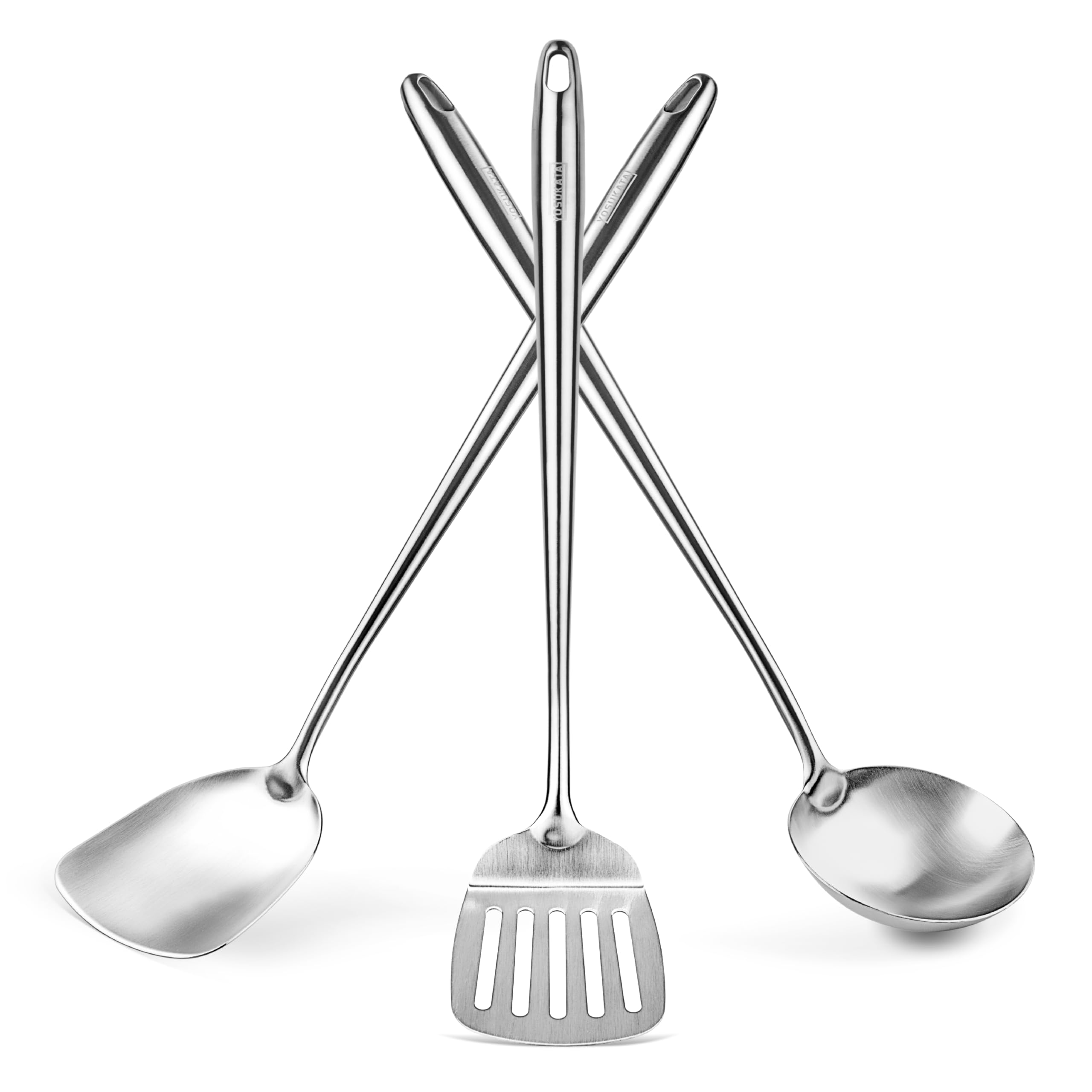 Yosukata 43 cm Wok Spatula and Ladle and Turner Spatula - Stainless Steel Cooking Utensils Set of 3 - Kitchen Utensils Set - Dishwasher Safe Wok Accessories - Cooking Tools