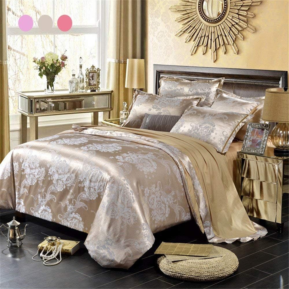 Jacquard Duvet Cover Set With Aditional Flat Sheet 4 Piece Queen Size Jacquard Satin Solid Color Soft Comfortable Bedding Set Luxury with Pillowcase (Camel)