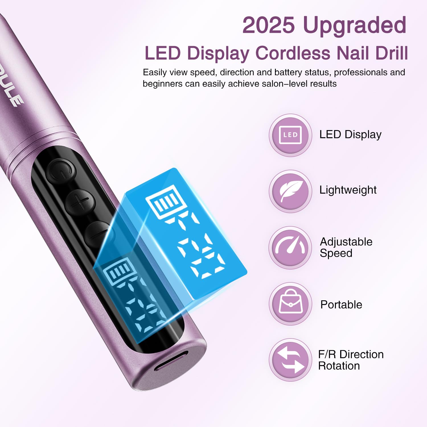 Electric Cordless Nail Drill File: LED Display Professional Portable Nail Drill for Acrylic Gel Dip Powder Nails Manicure Pedicure Kit Tool with Nail Drill Bits Sanding Bands, Purple - Image 2