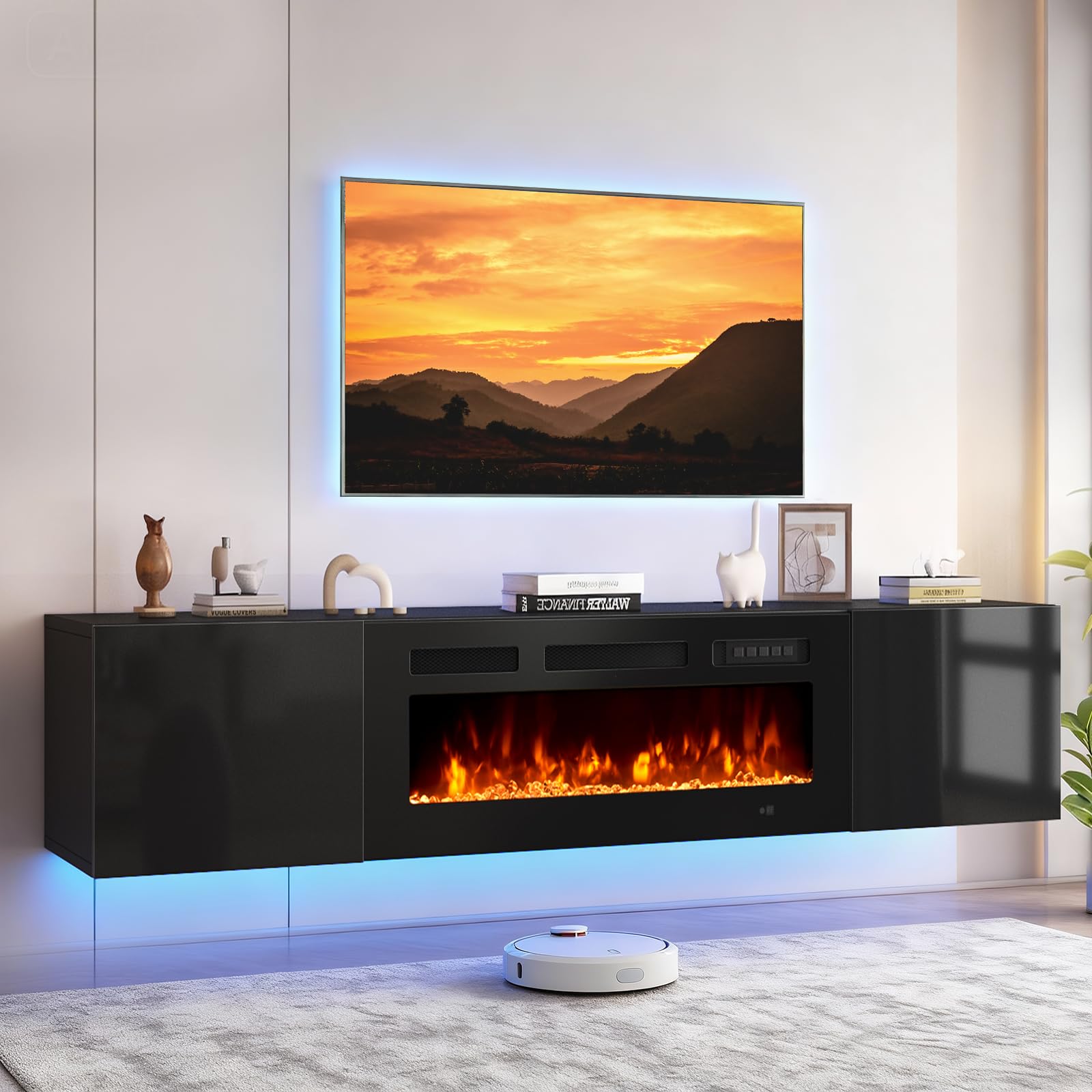Photo 1 of ***BOX ONE OF TWO***OneBlis 70'' Floating TV Stand with 36" Electric Fireplace, Wall Mounted Entertainment Center with Storage for TVs up to 80", Adjustable 12-Color LED Media TV Console for Living Room,All Black