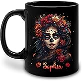 Hyturtle Personalized Floral Sugar Skull Mug - Gothic Sugar Skull Gifts For Women - Birthday Mothers Day Gift For Lovers - Day of the Dead Present Decor - Custom Coffee Cup Ceramic Mug 11 oz 15 oz