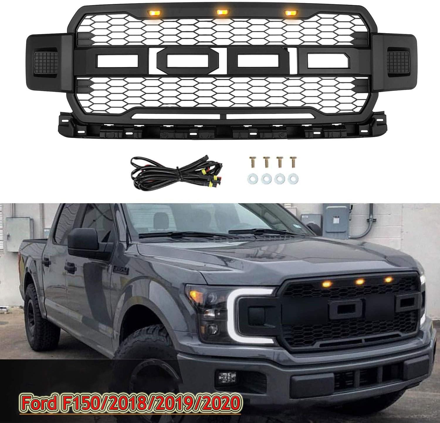 Front Sport Grill, Raptor Style Honeycomb Mesh Matte Black Grille, with 3 Amber LED Lights And Letters, for Ford F150 2018 2019 2020 Car Modified Accessories