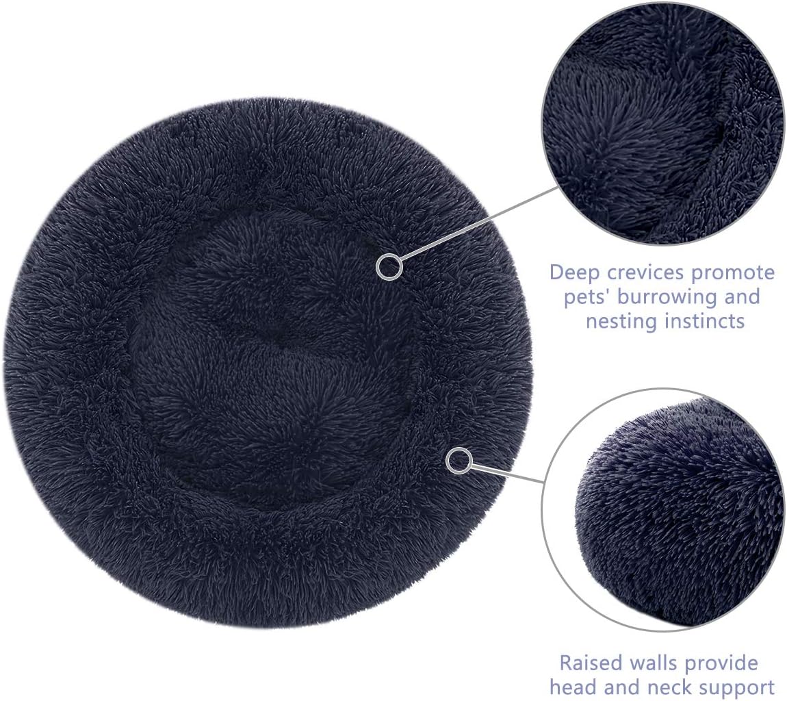 AIPERRO Dog Bed for Small Medium Dogs, Donut Cuddler Fur Round Pet Bed Soft Plush Fluffy Indoor Calming Cat Bed, Anti-Slip & Anti-Anxiety, 16/20/23/30 Inch for Puppy and Kitties (20 inch, Dark Blue) : Pet Supplies