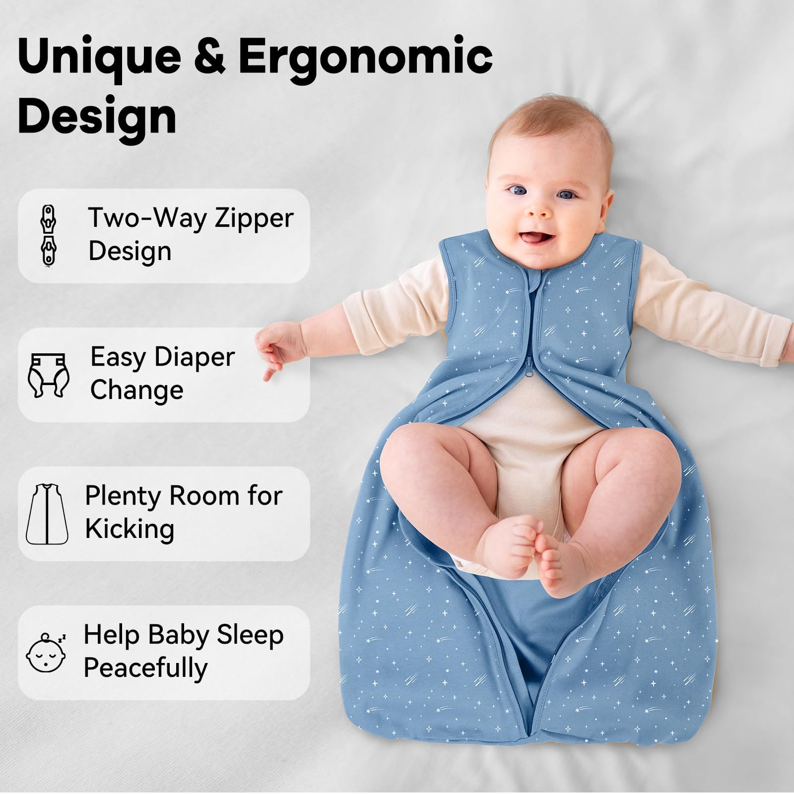 Unnivoll Baby Sleep Sack 6-12 Months 3 Pack 100% Cotton Lightweight 0.5 TOG Wearable Blanket Baby Sleep Bag with 2-Way Zipper for Newborn Infant Blue