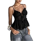 SHENHE Women's Summer Bow Tie Front Camisole Frilly Layered Ruffle Hem Y2k Tank Top Cami