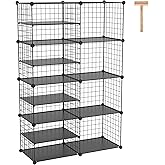 C&AHOME Wire Cube Storage Unit, Interlocking Metal Wire Organizer with Divider Design, Modular Cabinet with Plastic Panels, Bookshelf Stackable Closet Organizer with Small Hooks, Black UWCSIM08B