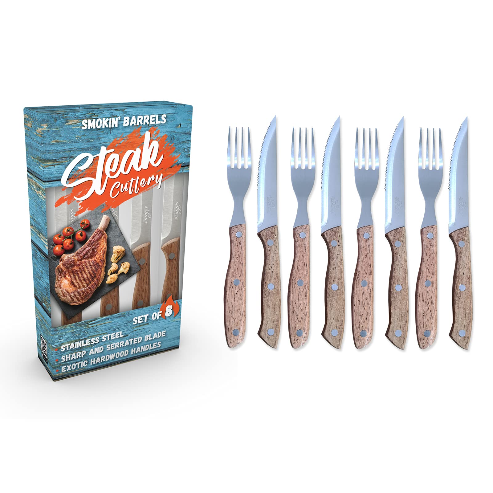 Solance Smokin' Barrels Steak Cutlery Set of 8 with Exotic Hardwood Handles
