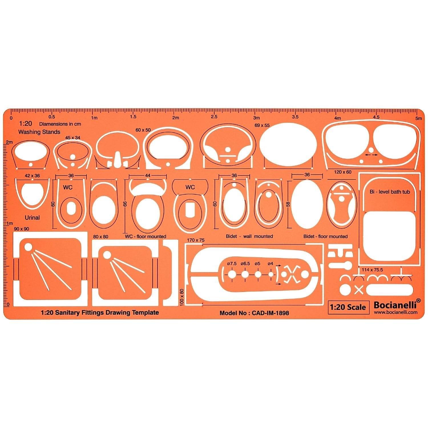 1:20 Scale Architectural Sanitary Plumbing Fixtures Architect Drafting Template Stencil - Technical Drafting Design Floor Plan Symbols