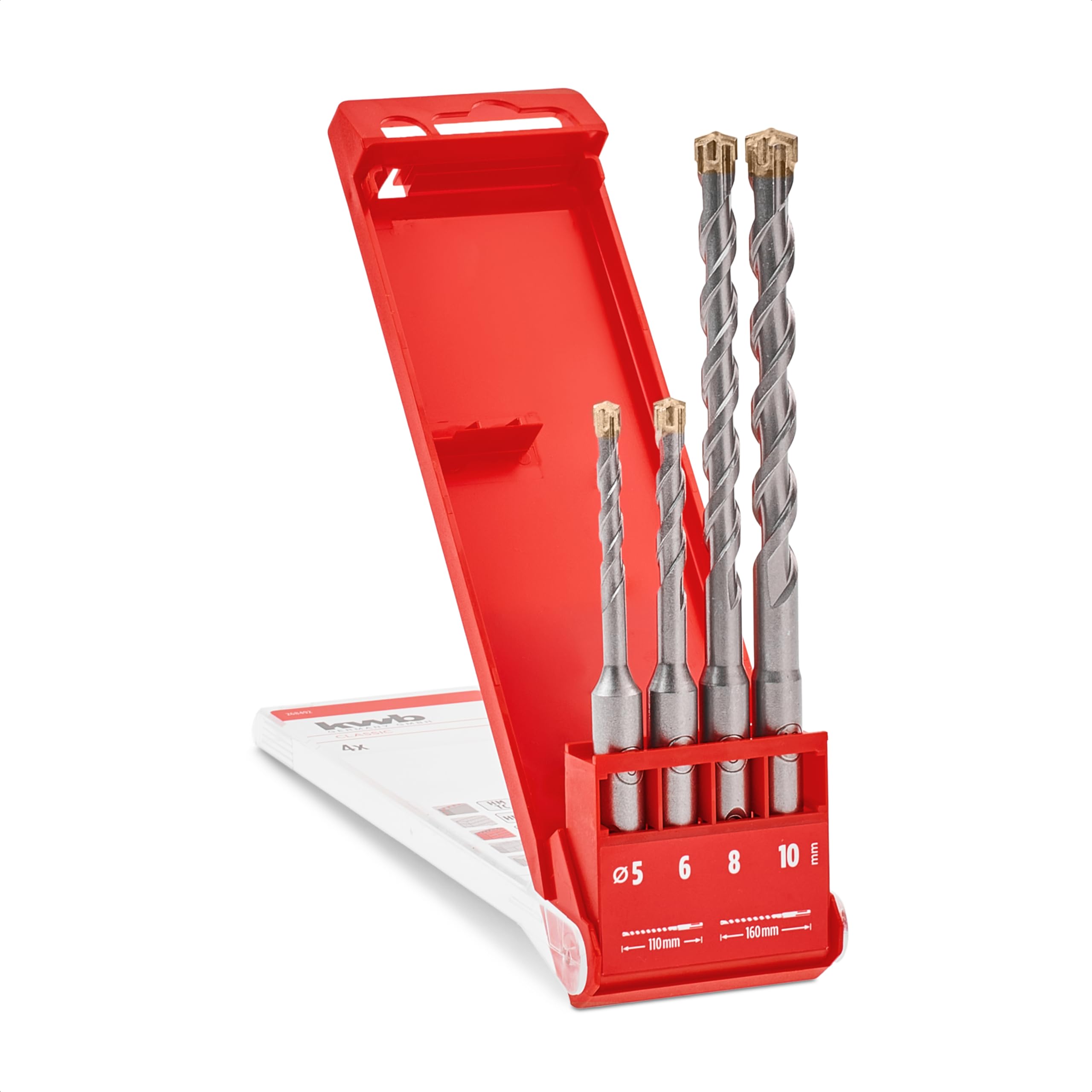 kwb HB2X SDS Plus drill bit set, 4 pcs, 110/160 mm, Ø 5/6 / 8/10 mm (carbide X cross point, U-shaped milled spiral, 40 CR steel, SDS Plus)