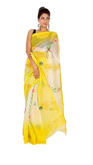 NIKHILAM Womens Kota Doria Saree (KDSA_006, Lemon Yellow)