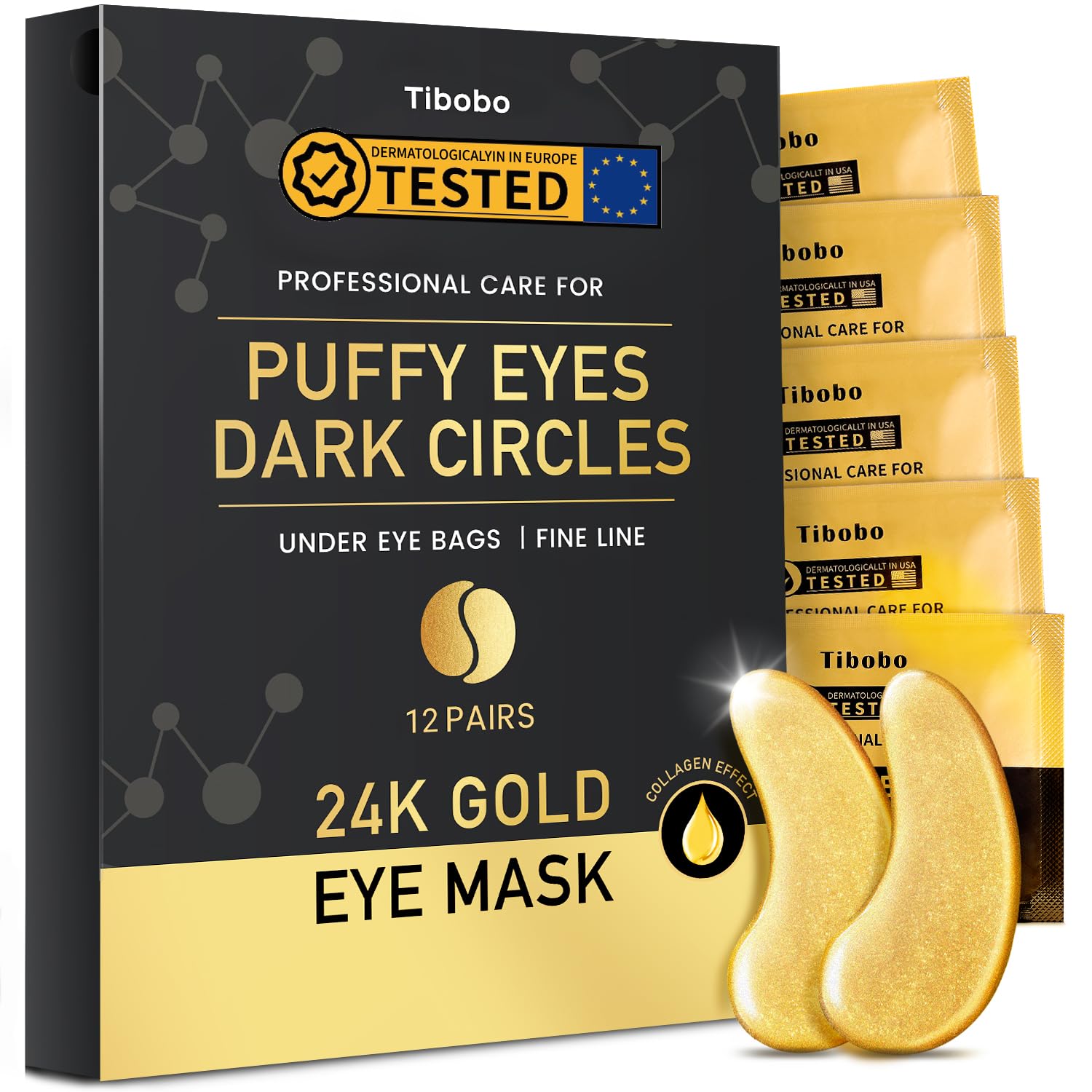 24K Gold Under Eye Patches, 12 Pairs Gel Eye Pads Skincare, Collagen Hyaluronic Acid, Against Dark Circles, Self Care Mask for Bags, Puffiness, Wrinkle Removal, Dermatologically Tested