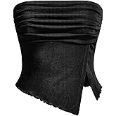 Milumia Women Mesh Tube Tops Split Hem Going Out Strapless Bandeau Tops Ruched Tank Shirts