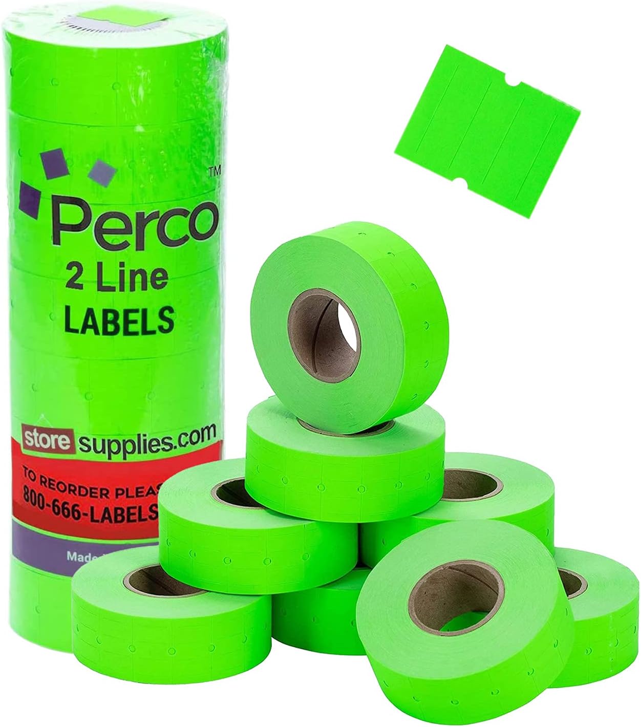 Perco 2 Line Fluorescent Green Labels - 8 Rolls, 1 Sleeve, 6,000 Blank Price and Date Gun Labels for Perco 2 Line Price and Date Guns - Made in USA