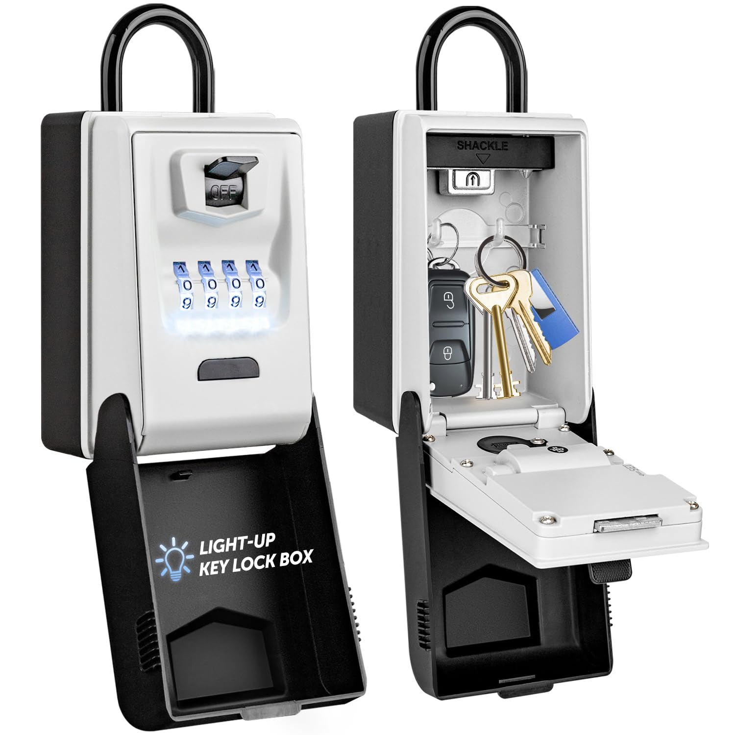 ENONEO Portable Key Safe with Shackle, Outdoor Light Up Key Lock Box Waterproof High Secure Key Safe Large Combination Key Storage LockBox for Keys Home Office Garage School