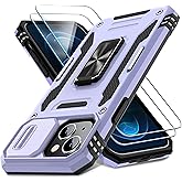 DEERLAMN Case for iPhone 15 with Slide Camera Cover + Screen Protector (2 Packs), Rotated Ring Kickstand Military Grade Shockproof Protective Cover-Light Purple