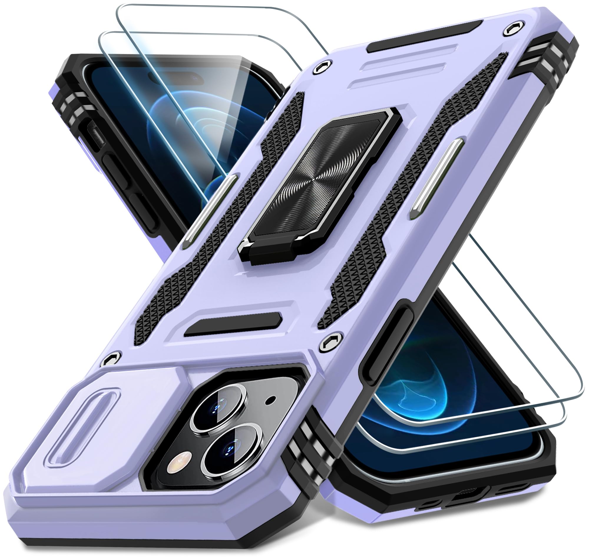 Photo 1 of DEERLAMN Case for iPhone 15 with Slide Camera Cover + Screen Protector (2 Packs), Rotated Ring Kickstand Military Grade Shockproof Protective Cover-Light Purple