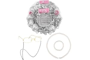 URATOT 5 Pieces Halloween Old Lady Wig Costume Set Grandma Wig Hair Rollers Glasses Chain Necklace Bracelet