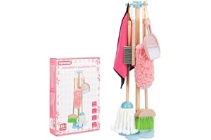 Kids Cleaning Set, Wooden Housekeeping Play Set Includes Broom Mop Dustpan Brushes Rag and Organizing Stand, Preschool Educat