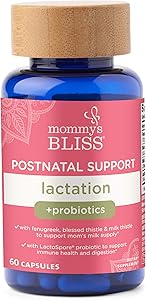 Mommy's Bliss Postnatal Lactation Support with Probiotics, Support for Milk Supply, Immune Health & Digestion, 60 Small Capsules