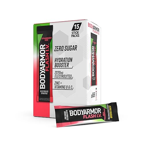 BODYARMOR Flash IV Electrolyte Packets, Strawberry Kiwi - Zero Sugar Drink Mix, Single Serve Packs, Coconut Water Powder (15 Count)