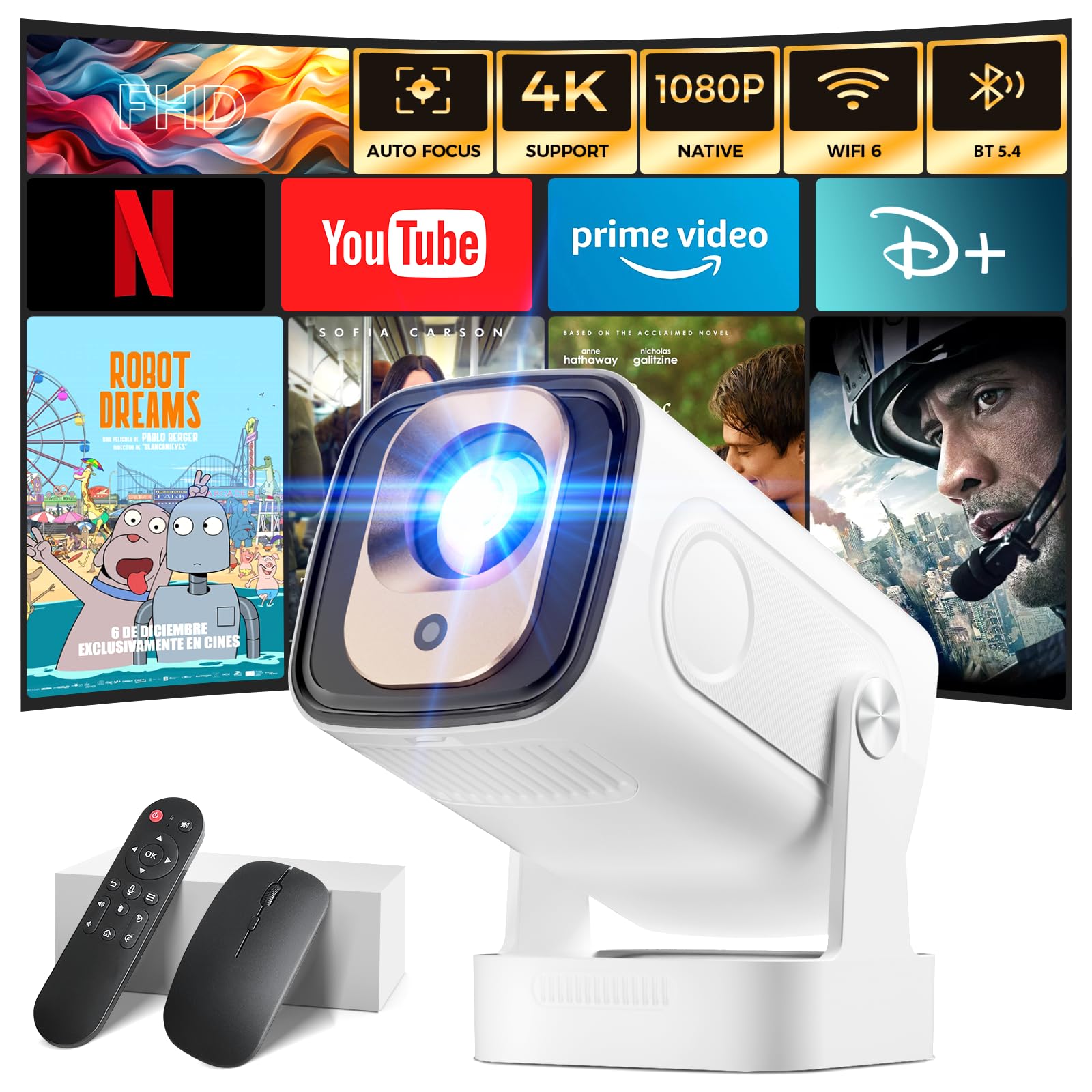 Photo 1 of Projector [Auto Focus & 1080P Native & Bulit-in Apps] Projector 4K Support Auto Correction WiFi 6 Bluetooth 5.4 Mini Portable Projector Compatible with HDMI/TV Stick/Memory Stick/Laptop, White