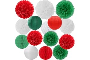 Red Green White Paper Flowers Tissue Pom Poms Honeycomb Lanterns 15pcs Christmas Party Decorations Mexican Italian Birthday Wedding Baby Shower Bachelorette Hanging Supplies Mprocherify
