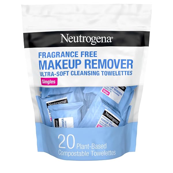 6 PACK NEUTROGENA FRAGRANCE-FREE MAKEUP REMOVER WIPES SINGLES, INDIVIDUALLY WRAPPED FACE TOWELETTES, GENTLY REMOVE DIRT, OIL, WATERPROOF MASCARA & MAKEUP, ALCOHOL-FREE DAILY FACE WIPES FOR TRAVEL, 20 CT