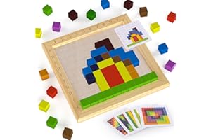 FUQUN Wooden Block Shapes Puzzle Toys with 20 Pattern Cards for Kids, Classic Educational Montessori Wood Toy, 100PCS Wooden Building Blocks Stacking Game