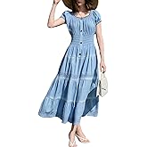 DREFBUFY Women's Casual Scoop Neck Short Sleeve High Waist Denim Ruffle A-line Cotton Lightweight Flowy Long Maxi Dress