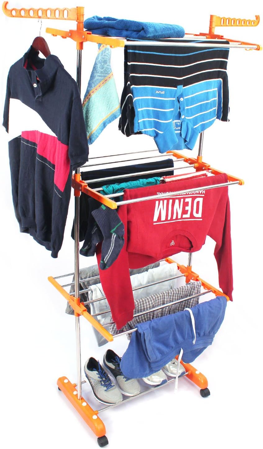 Favour 3 Tier Mild Stainless Steel Floor Cloth Dryer Hanger Stand (Orange)