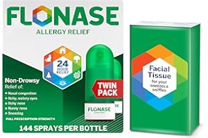 Flonase Allergy Relief Nasal Spray, 24-Hour Non-Drowsy Multi-Symptom Relief 144 Sprays (Pack of 2) plus Bonus Pack of Tissues