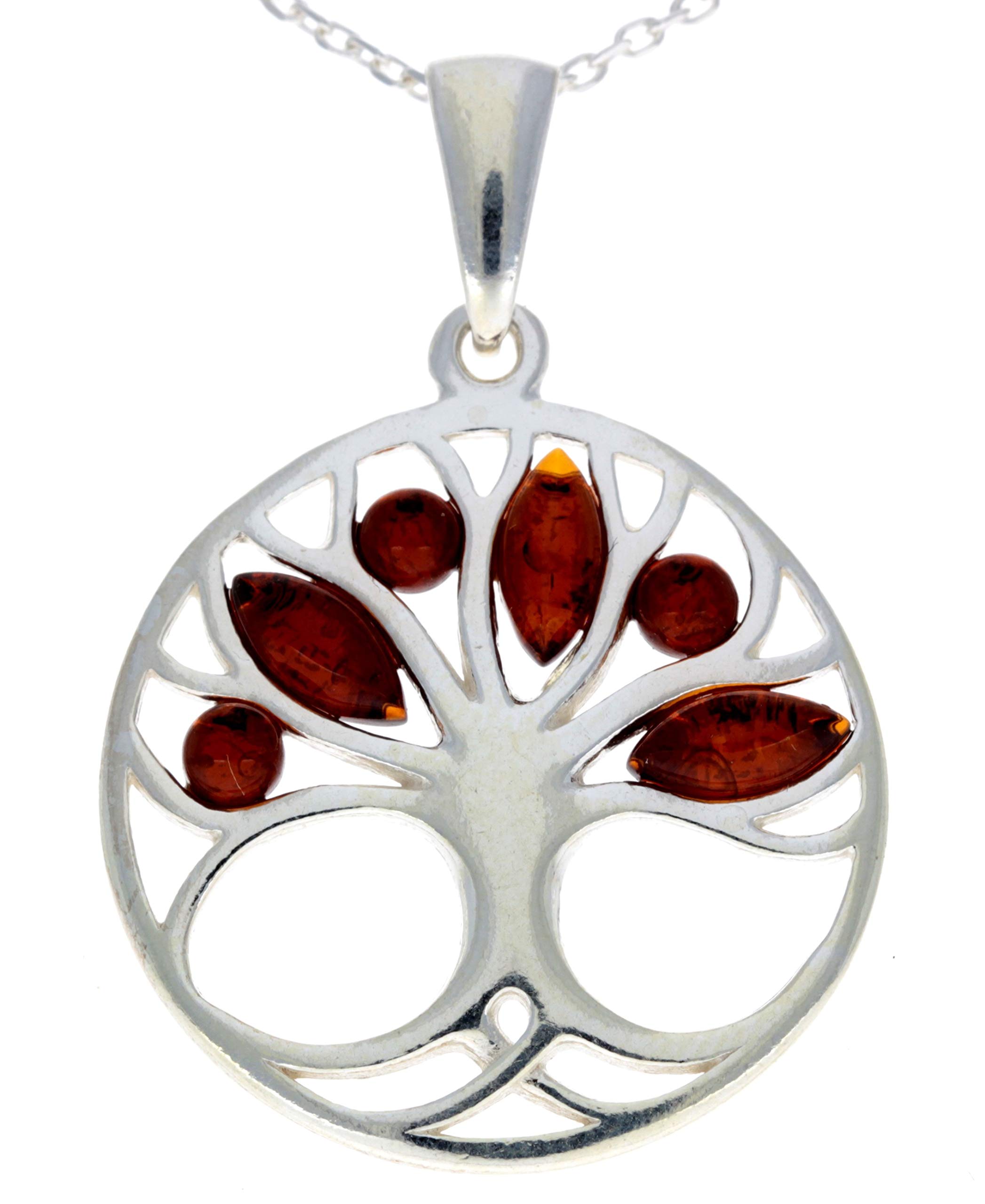 Genuine Cognac Baltic Amber & Sterling Silver Round Tree of Life Pendant without Chain - GL363