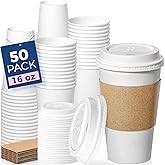 Fit Meal Prep 50 Pack 16 oz Disposable Coffee Cups with Lids, Sleeves, Leak-Proof To Go Coffee Cups with Lids, Durable Hot Paper Cups for Home, Office, Party, Business