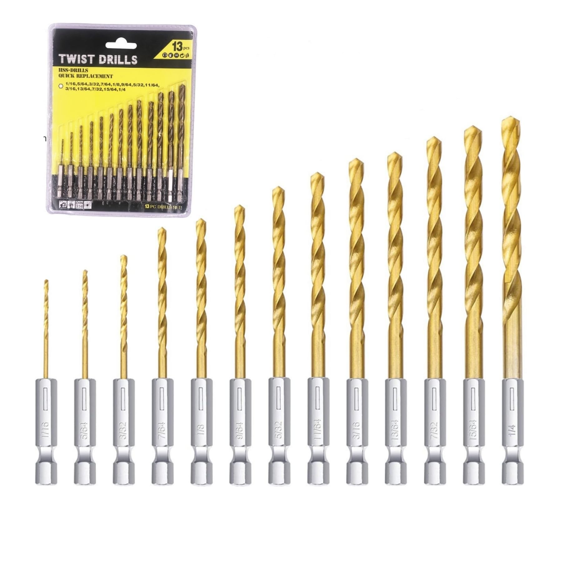 NestNook 13 Piece Titanium Twist Drill Bit Set - High-Speed Steel Hex Shank Drill Bits for Wood, Plastic, and Aluminum, 1/16" - 1/4"