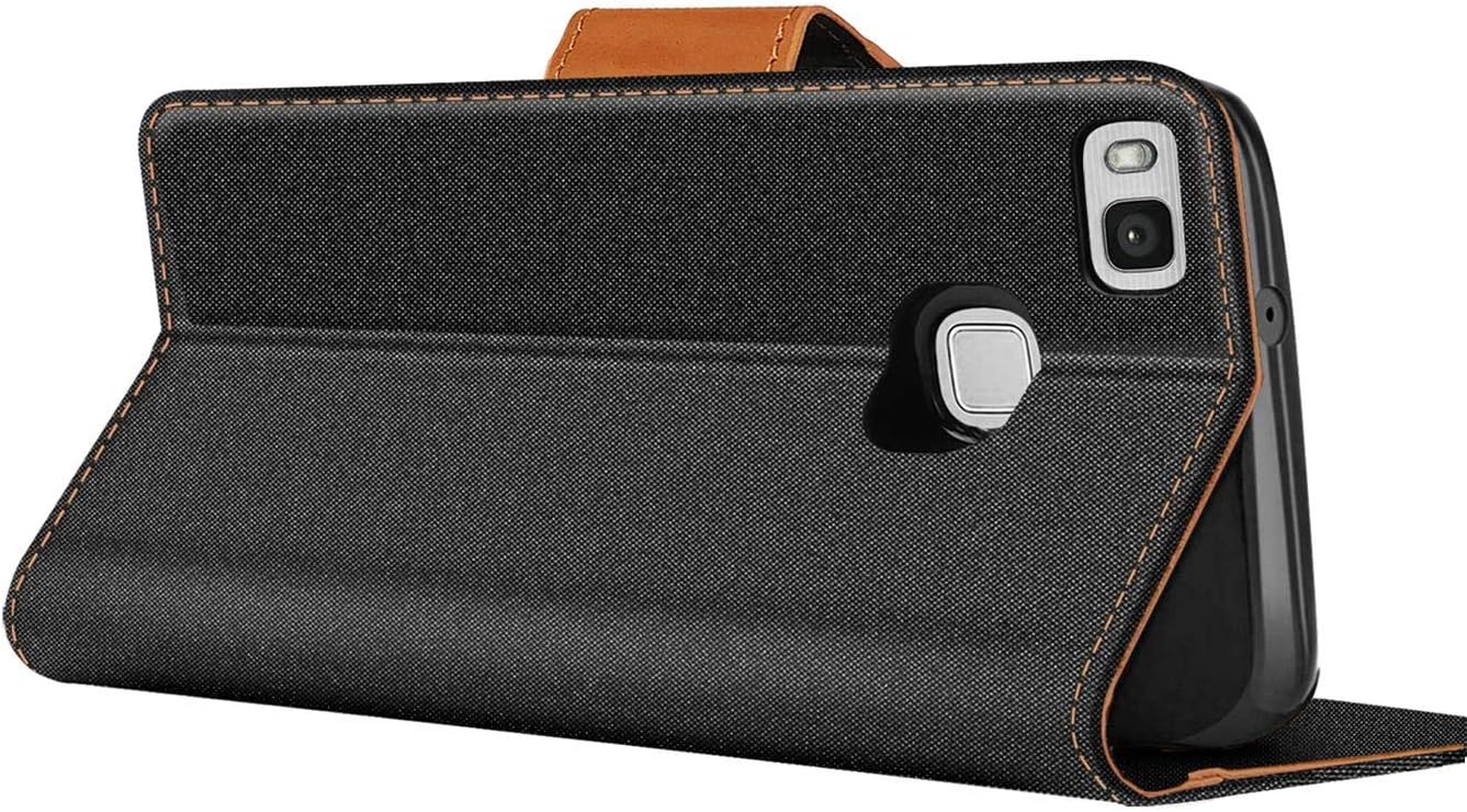 Verco Phone Wallet Case compatible with the Huawei P9 Lite, Canvas Faux Leather Book Cover for the P9 Lite Flip Case Bag Hinged - Black - Image 5