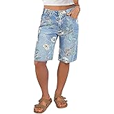Flamingals High Waisted Bermuda Shorts for Women Knee Length Floral Print Stretchy Summer Denim Shorts Trendy