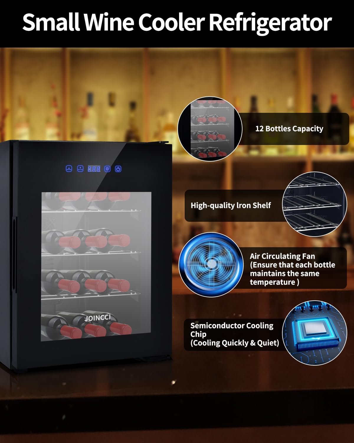 JOINCCI 12 Bottles Wine Cooler Refrigerator 46℉-60℉Temperature,Thermoelectric Mini Countertop Wine Fridge with Double-Layer Tempered Glass Door Wine Cellar for Red Wine for Home,Kitchen or Office
