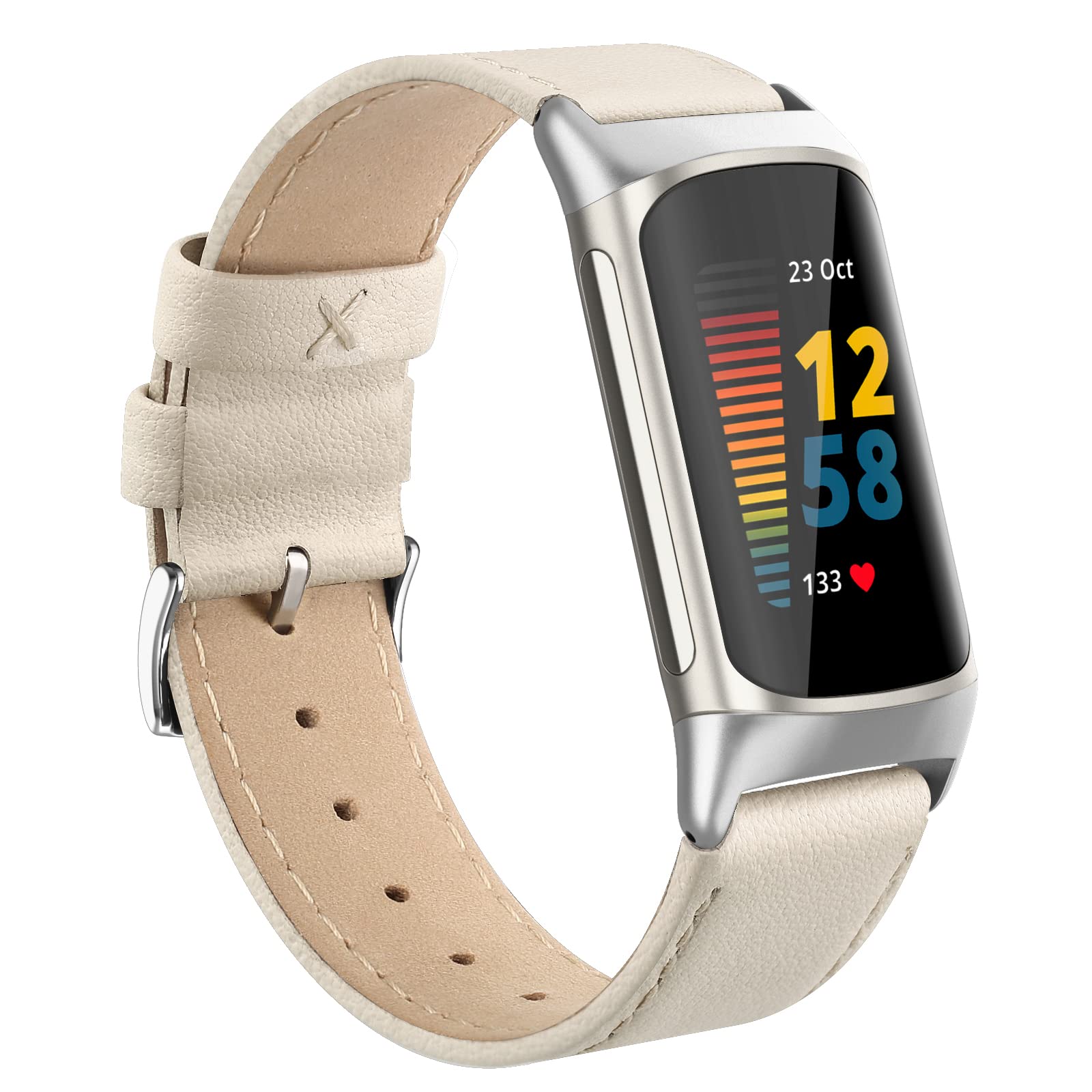 Tuocal Genuine Leather Strap Compatible with Fitbit Charge 6 & 5, Soft Breathable Leather Replacement Strap for Women & Men