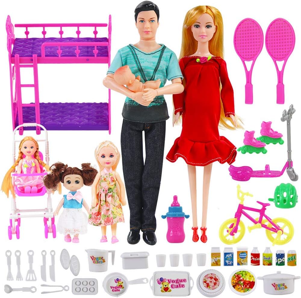 ElaTany 6 People Family Dolls Including Dad Pregnant Mom 3 Daughters and Baby Boy in Mommy’s Tummy and 40 Accessories for Education and Birthday Children's Day Gift