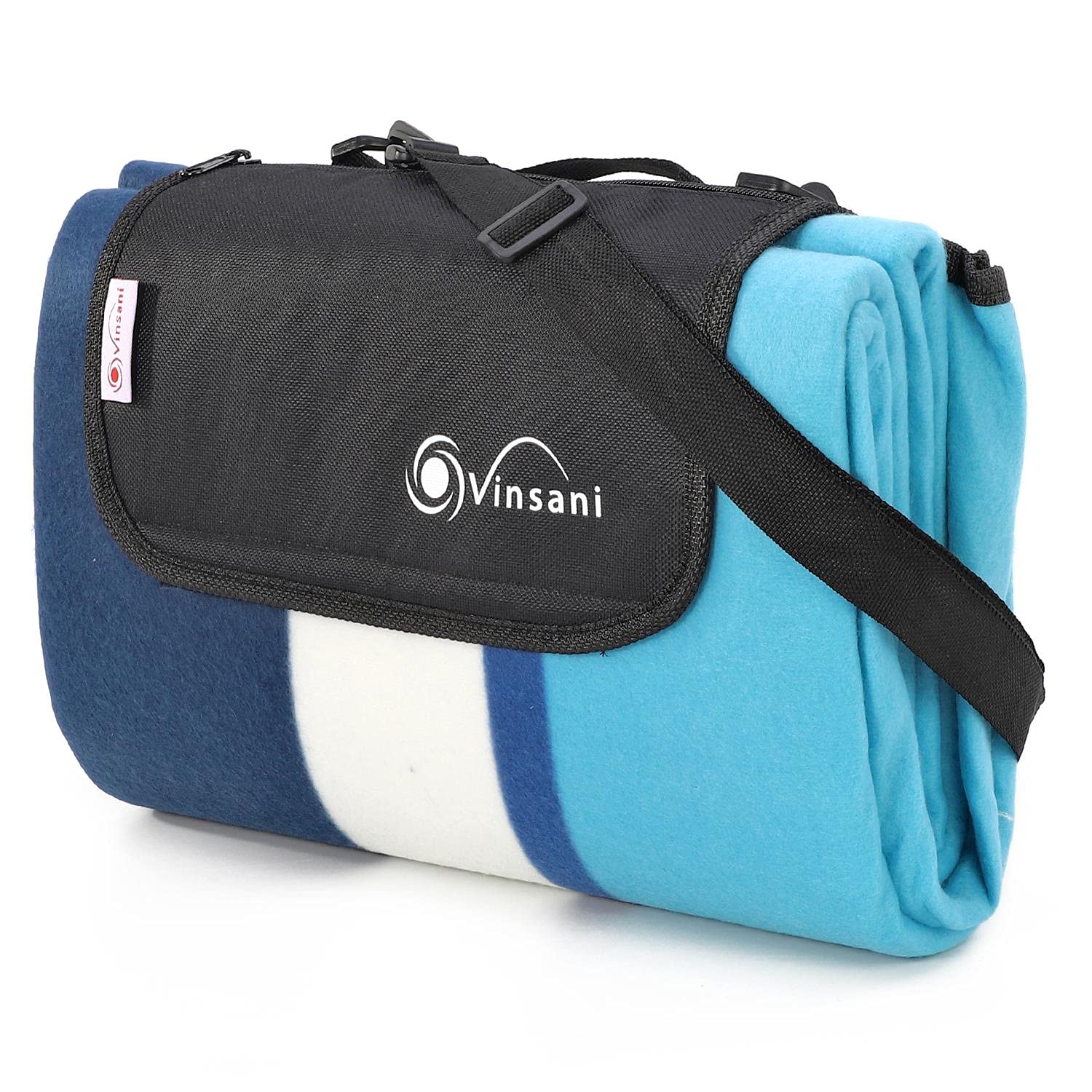 Vinsani Foldable Picnic Blanket 170 x 130 cm - Anti-Slip, Durable Waterproof & Sand Proof Outdoor Rug Mat for Camping, Beach, Hiking, Park & Garden, Easy to Carry, Machine Washable | Aqua Stripe