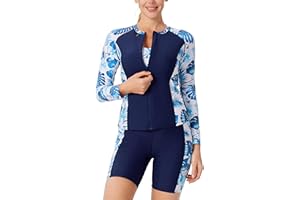 Womens Rash Guard 3 Piece Long Sleeve Bathing Suits for Women Zip Front Tankini Swimsuits UPF 50+