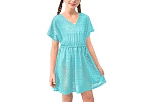 BesserBay Girls Summer Crochet Bat Sleeve Hollow Out Sheer Swimsuit A-line Hem Loose Fit Quickly Dry Coverups 5-14 Years