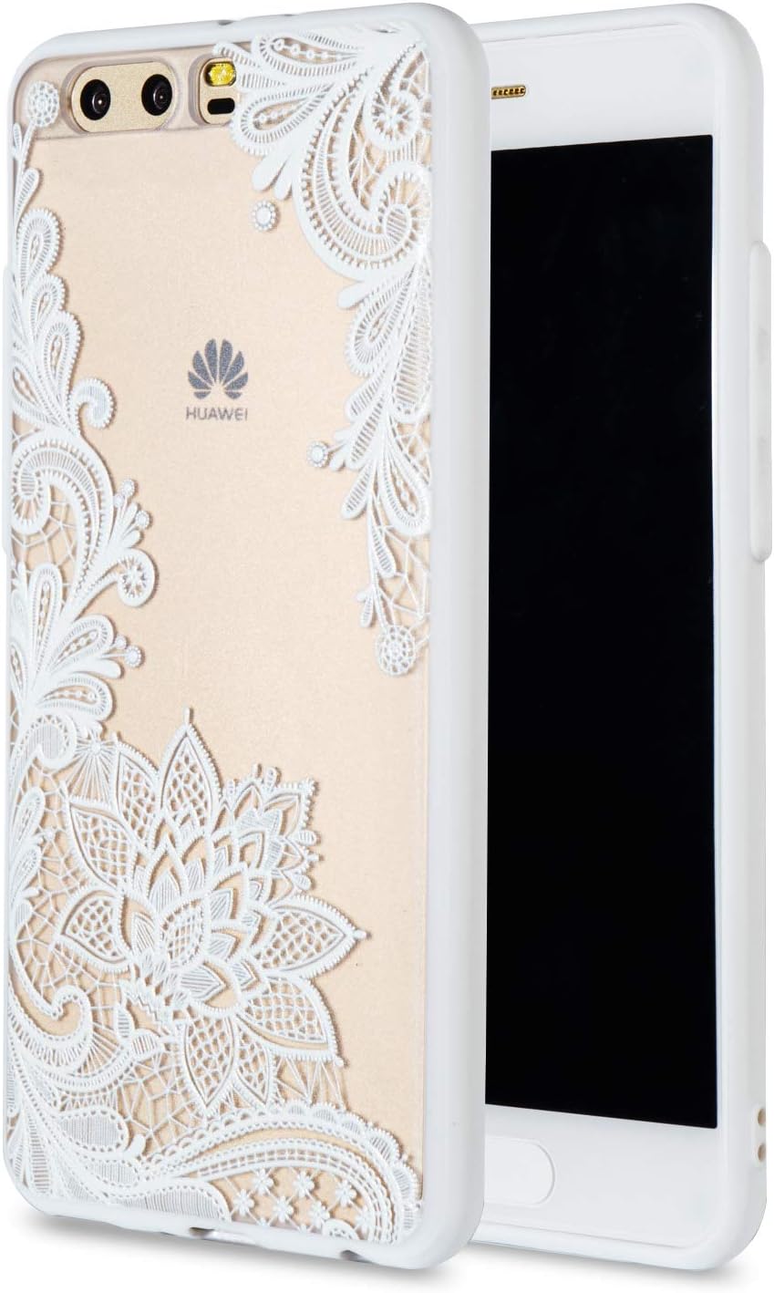 Case Huawei P10 Plus, Huawei P10 Plus Clear Cover, MAOOY Creative White Relief Lace Flower Painted Shell Skin with Hard Plastic Back and Soft Silicone Border for Huawei P10 Plus, White Lace Flower