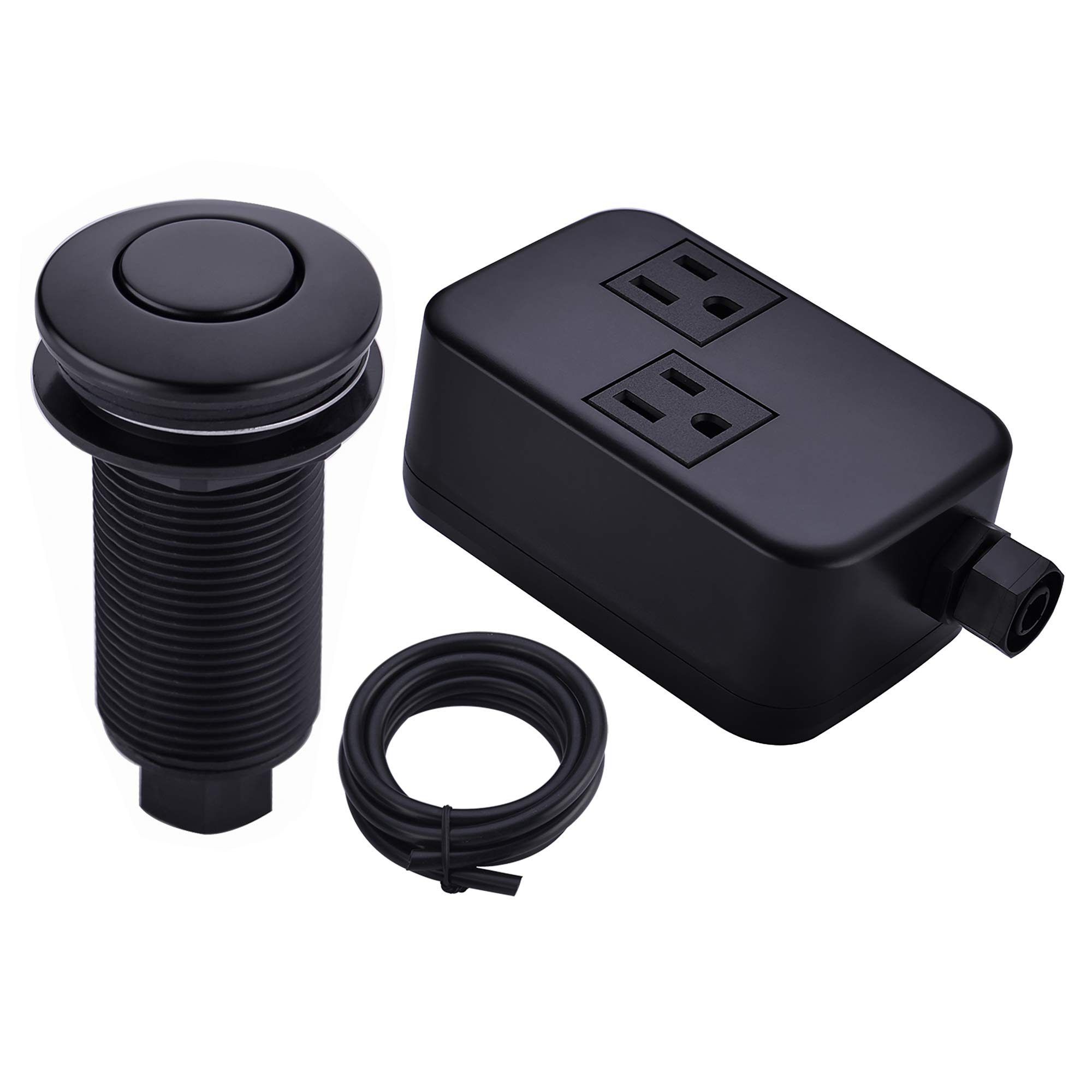 BESTILL Sink Top Garbage Disposal Air Switch Kit with Dual Outlet, Matte Black (Long Button with Brass Cover)