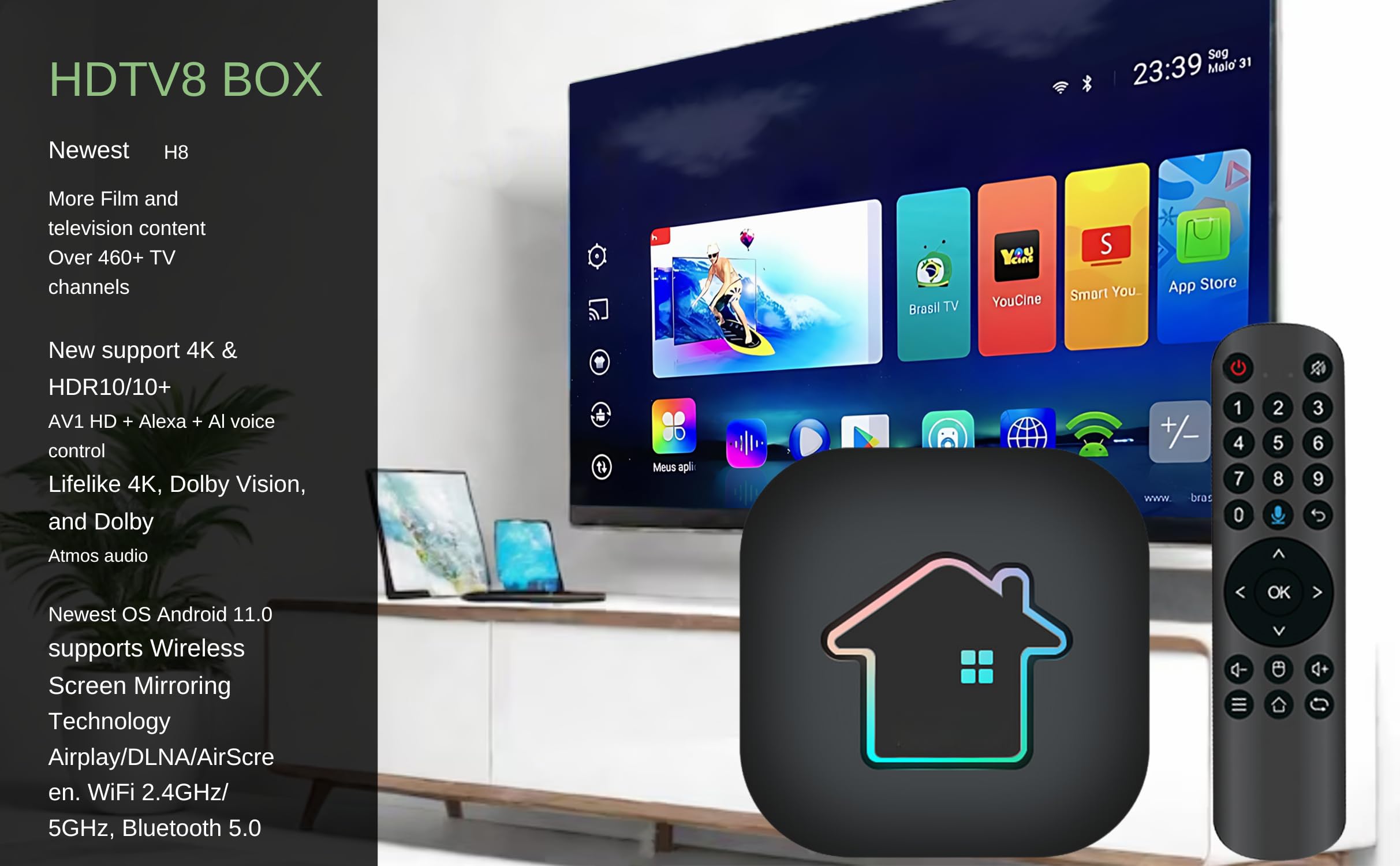 2025 H8 Brazil TV Box – New Version – Voice Remote Control – 2GB RAM + 16GB ROM – 4K Ultra HD – Dual-Band Wi-Fi (2.4/5GHz) – Bluetooth 5.0 – Alexa Support