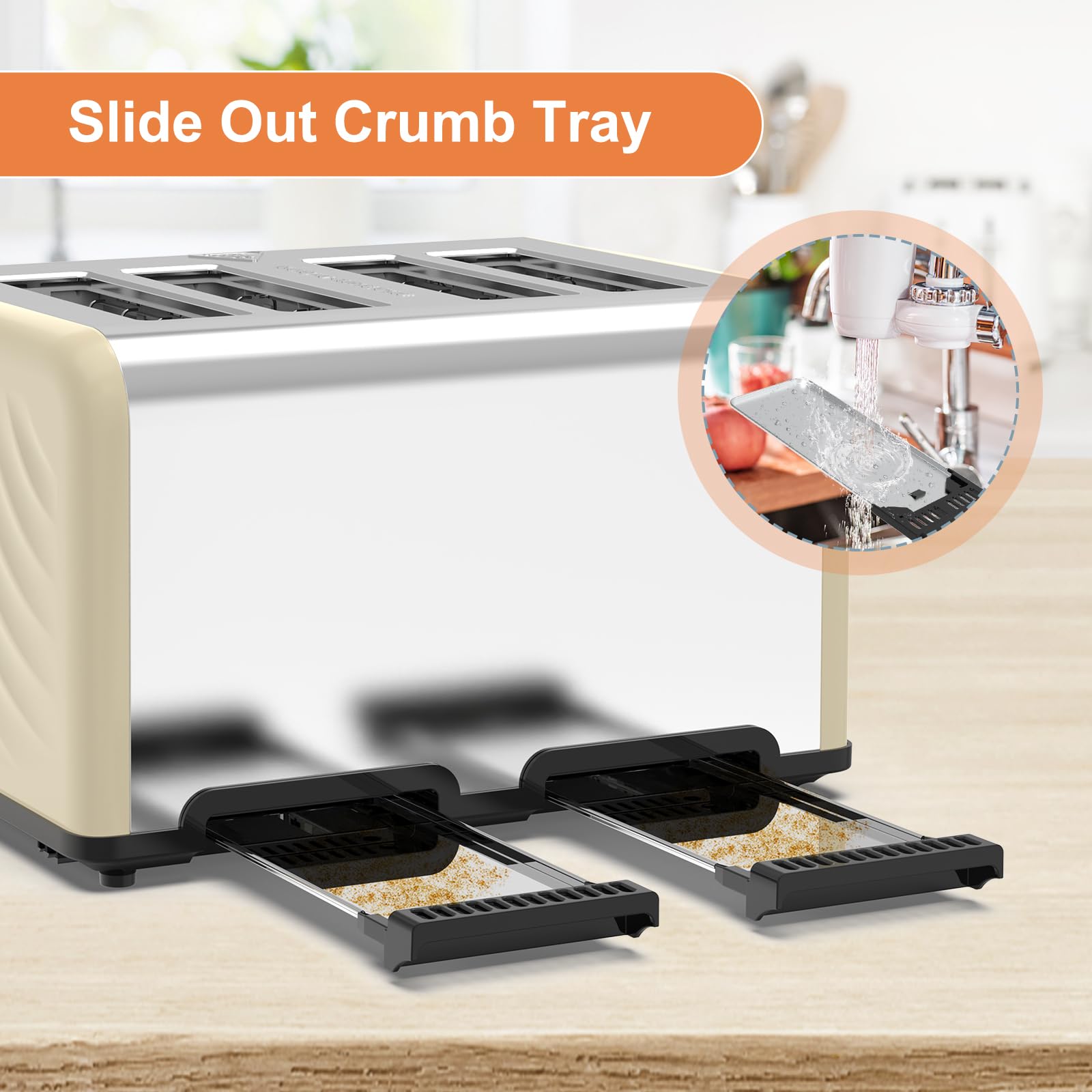 Tostadora de 4 rebanadas, Tostadora KitchMix Bagel de acero inoxidable con temporizador LCD, ranuras extra anchas, pantalla doble, bandeja para migas extraíble (crema)