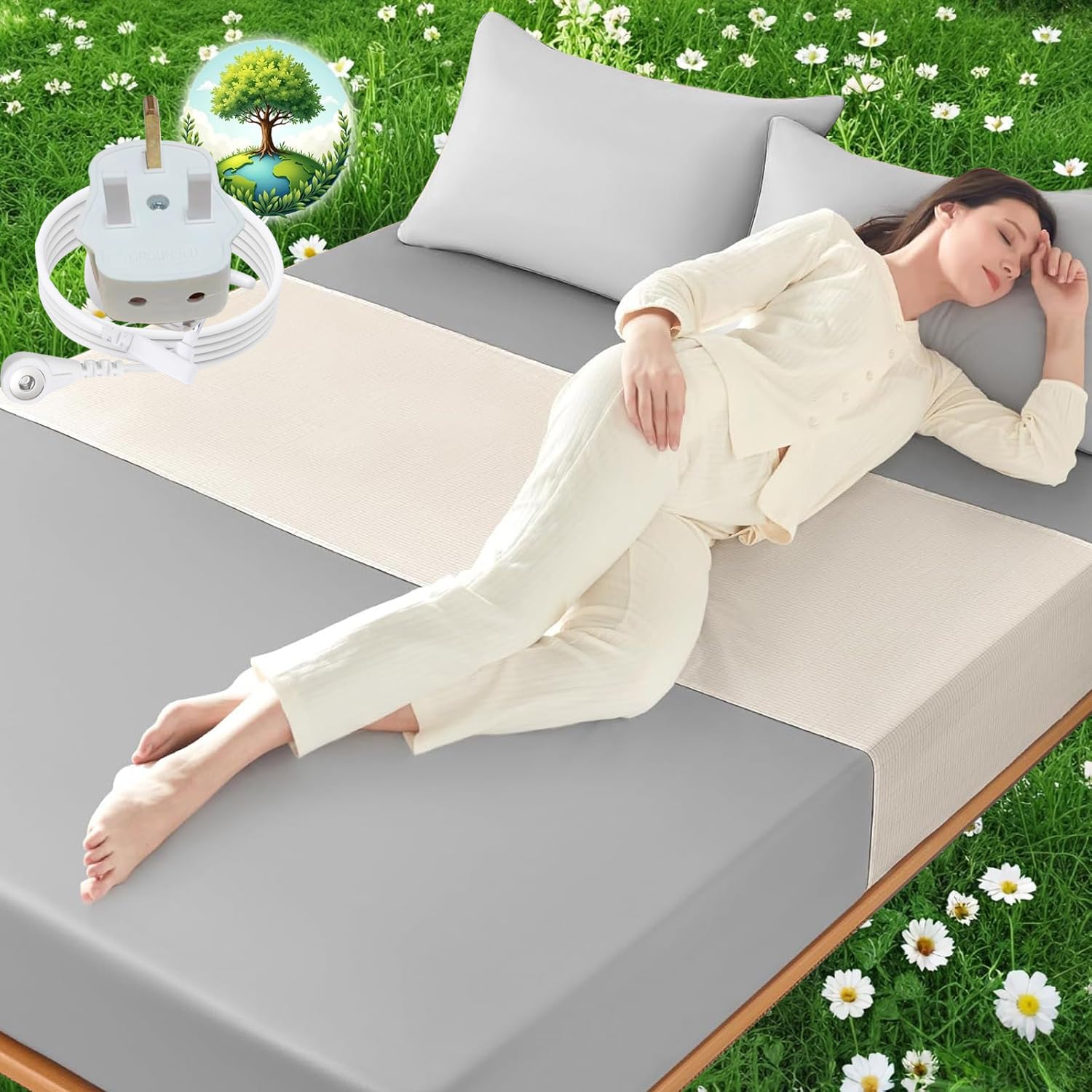 HUNAIGEE Grounding Sheet Conductive Grounding Mat for Bed With Uk Plug 91x254cm Earthing Half Sheet Fits All Bed Sizes 5% Silver Fiber & 95% Organic Cotton Better Sleep Beige