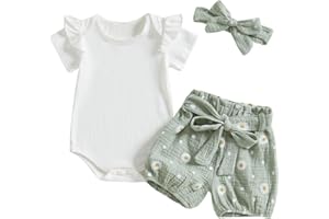 Kaipiclos Newborn Infant Girl Clothes Rib Knit Romper Daisy Print Shorts Headband Baby Summer Clothes 0 3 6 12 18 24 Months