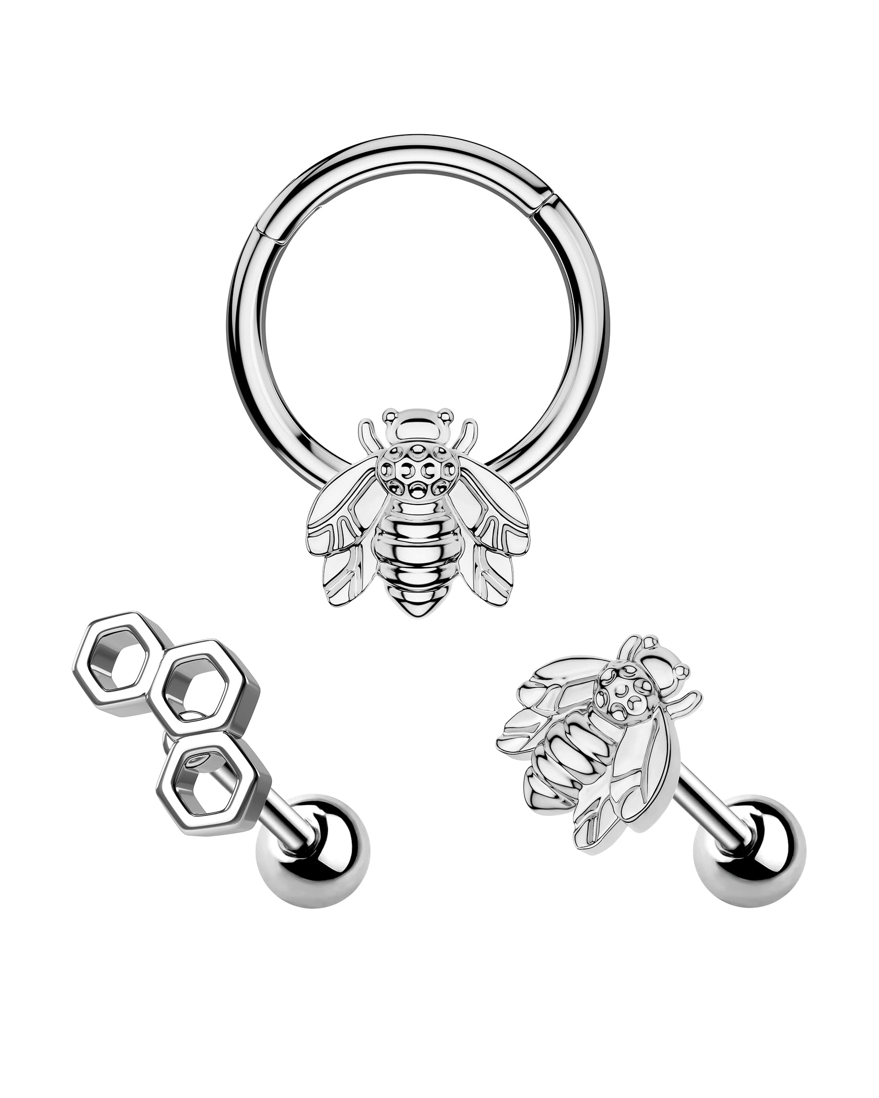 Melighting 3pcs Cartilage Earring Cute Bee Helix Earring Hinged Segment Ring Honeycomb Tragus Stud Conch, Daith Earrings Septum Rings