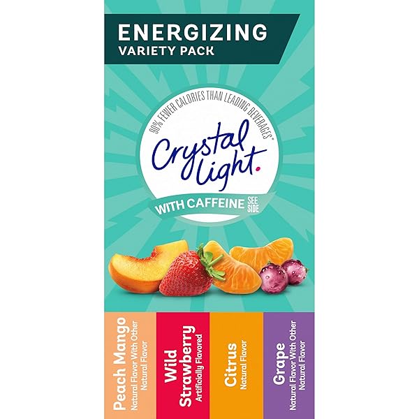 CRYSTAL LIGHT ENERGIZING DRINK MIX WITH CAFFEINE VARIETY PACK, 44 PACKETS FOR ON-THE-GO HYDRATION, PEACH MANGO, WILD STRAWBERRY, CITRUS, GRAPE, NATURALLY AND ARTIFICIALLY FLAVORED, ZERO SUGAR, 4.18 OZ